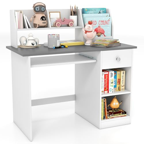 Maxmass Wooden Kids Desk, Children Study Table with Keyboard Tray, Open Shelves, Tabletop Bookshelf, Drawer, School Students Computer Workstation for Learning, Reading (Grey + White)