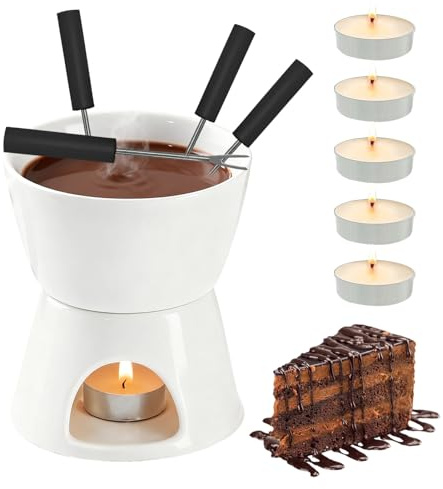 Dongcill Service à Fondue Au Chocolat,Tasses à Fondue Au Chocolat,Bol en Céramique avec 4 Fourchettes et 5 Bougies Chauffe-Plat - Fondoir pour Chocolats et Fromage - Fondue en Céramique