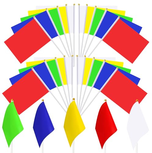 100 Drapeaux à Main Mini Petit Drapeau avec Baton 20 Chacun en Rouge Jaune Vert Bleu Blanc 14 x 21 cm DIY pour Fêtes Anniversaires Événements Décorations Mariages Fêtes Thématiques Multicolore