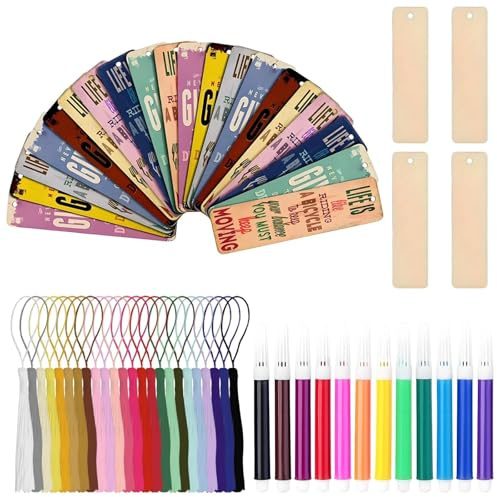 36 Stück Holz Blanko Lesezeichen Set, Natur Holz Anhänger mit Bunten Quasten, Quasten Rechteck Lesezeichen Set, mit Farbstifte, für Laser Gravur, Handwerk Geschenke Tag, Schnitzen