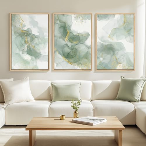 Lmovutcom Großes, abstraktes Wandbild in Salbeigrün für das Wohnzimmer, 3-teiliges Leinwandbild in Grün und Gold, modernes minimalistisches Bild für Flur, Treppenhaus, Büro, ungerahmt