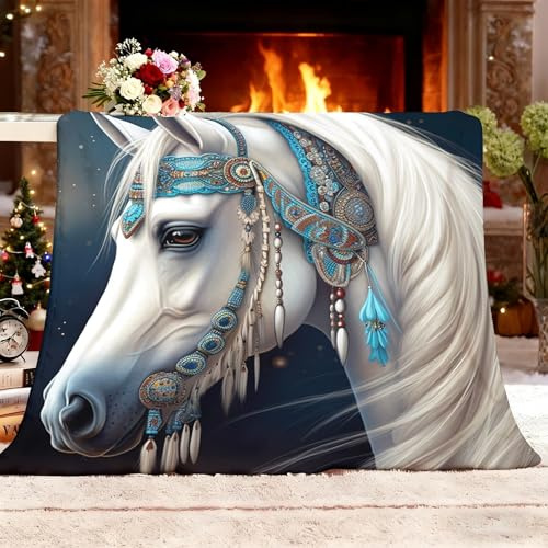 Fleecedecke Überwurf XL 130x150cm VerträUmtes WeißEs Pferd Fauschig Sherpa Decke Flanell Wärmedecke Weiche Dunkelblau Decke für Sofa Ruhe Auto Büro Zuhause Schlafen