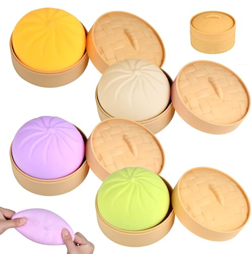 4 Stück Dumpling Squishy Fidget Toys, Squishy Dumpling Mystery mit Dampfgarer, Squishies Stressball, Anti Stress Spielzeug, Stressbälle Fidget Toys Erwachsene Kinder, Decompression Adhs Geschenke