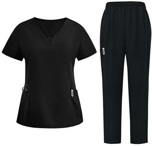 Divisa Infermiere Donna Divisa Sanitaria Set con Casacca e Pantalone Medico Manica Corta Camice da Laboratorio Elasticizzato Leggero Camice da Lavoro Officina Pulizie Uniformi Infermiere, S-XXL