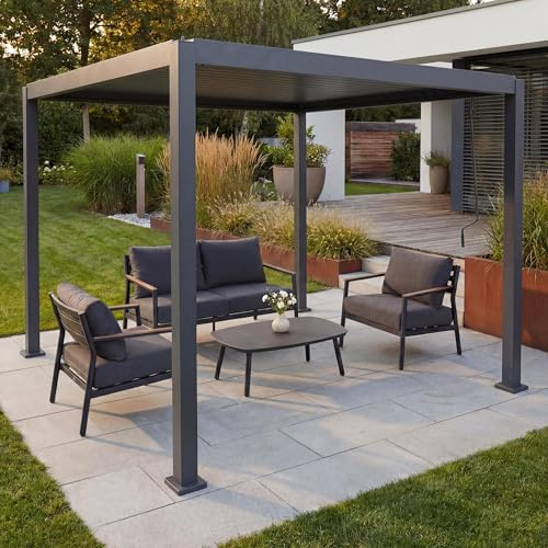 Mendler Pergola HWC-P65 10cm-Aluminium-Gestell 3x3m - anthrazit | Terrassenüberdachung, Gartenpavillon, Lamellen-Pavillon