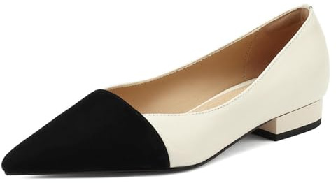Generico Scarpe Donna Bicolore Punta Affusolata Flats Puntale Contrasto Tacco Basso Largo Pelle Sintetica Morbida Slip On Suola Antiscivolo Elegante Comfort Ufficio Festa,Beige,38.5 EU