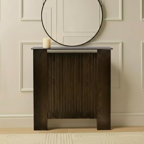 OHS Small Radiator Cover Ribbed, Modern Slatted Front MDF Cabinet Decorative Heater Cover with Top Shelf Radiator Covers for Living Room Bedroom Hallway, Dark Wood - 78 x 82 x 19cm