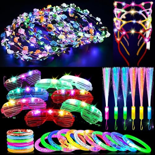 Defresit Glow Sticks Party Favors – 48 PCS LED Light Up for Adult, Flashing Glasses, Bracelets, Headbands, Fiber Optic Wand – Party Decorations