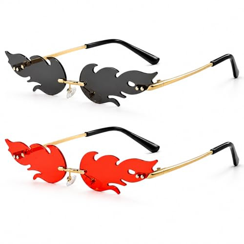 CDQZAIKEJI 2 PCS Fire Flame Sunglasses Witzige Sonnenbrillen Rave Brille Damen Partybrillen Erwachsene Blitz Sonnenbrille Verspiegelt Für Festival Party Kostüm