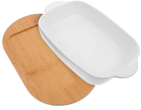 HOUDERCO Baking Dish Kitchen Bakeware Rectangular Ceramic with Dual Handles and Wood Base, Non-stick 650ml Oven Tray and Serving Vegetables, Easy to Stack for Table Decoration