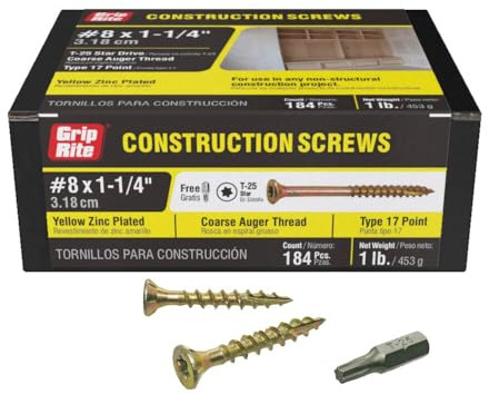 Grip Rite Prime Guard 114GCS1 T25 Star Drive Construction Screws with Type 17 Tip 1-Pound Box, 8 by 1-1/4