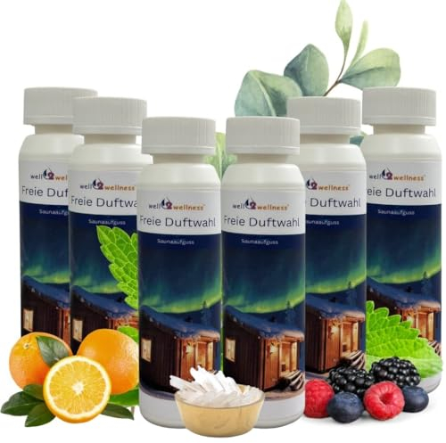 Set Infusione-Sauna 6 x 250 ML well2wellness ® Fragranza Sauna (Libero Scelta Del Profumo) Plus Gratis 10 G10 G Cristalli di Mentolo