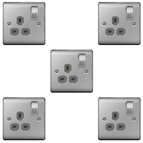 Pck of 5 x BG-Nexus-Metal Single 13A Plug Socket,Brushed Steel Finish,Grey Inserts