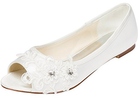 Emily Bridal Wedding Shoes Women's Satin Flat Heel Peep Toe with Crystal Heel Crystal