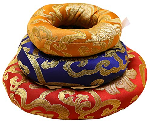 Klangschale Kissen, 3x Handgefertigte Pad für Klangschale aus Baumwolle mit traditionellen Mustern (8+10+12 cm) für Meditation & Yoga - Farben zufällig