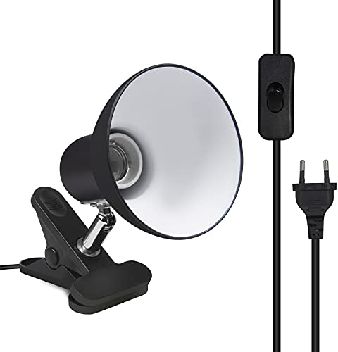 Klarlight Portalampada E27 con Clip EU Spina e Interruttore Lampada a Morsetto E27 vite Edison Lampada da Tavolo, Girevole a 270°, AC 85-265V, Cavo da 1.8m per Comodino (Nera, Senza Lampadina)