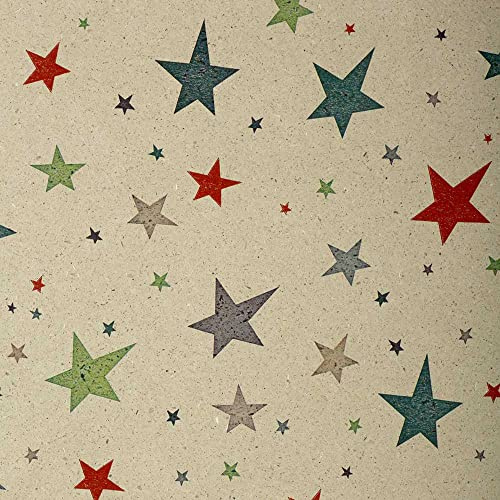 FSC große Rolle Geschenkpapier aus Graspapier Bunte Sterne 50 cm x 200 m | 80 g/m² Weihnachtspapier | HUTNER