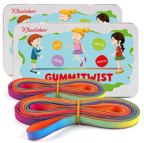 Kleintober 2er Set Gummitwist Kinder I Zwei Hüpfgummis Twister I Indoor und Outdoor Spielzeug I Regenbogen Band mit Anleitung für Spiele I für Mädchen & Jungs I