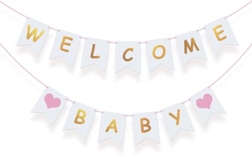 Koliphy Welcome Baby Girlande, Rosa Welcome Baby Deko Willkommen Baby Banner für Babyparty, Zuhause Empfang, Baby Shower, Kindergeburtstag Dekoration Mädchen