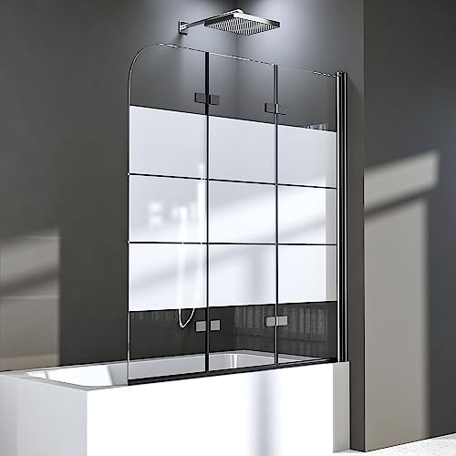 Duschwand für Badewanne 140 x 140 cm,3-teilig Faltbar Duschtrennwand Duschabtrennung mit Eleganten weißen Streifen,Mit 6mm Nano Glas,Schwarzer Rahmen