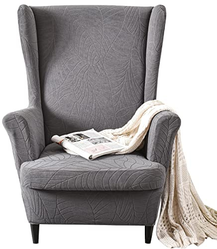 MIFXIN Wingback Chair Slipcover 2 Piece Stretch Wing Back Chair Cover with Cushion Cover Soft Washable Armchair Furniture Protector for Living Room Bedroom (Jacquard Dark Grey)