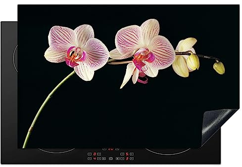 KitchenYeah© Herdabdeckplatte Einteilig Ceranfeld Abdeckplatte | 80x52 cm - Induktionsschutz Ceranfeldabdeckung Vinyl Herdabdeckplatten Orchidee - Pink - Blumen - Schwarz - Rosa - Natur