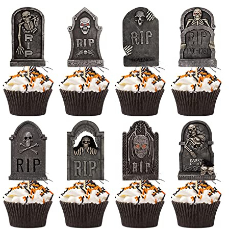 VARACL Lot de 24 décorations de cupcakes en pierre tombale pour Halloween, cimetière - 8 motifs effrayants - Décoration de cupcakes - Bâtons de centre de table - Pour fête d'Halloween