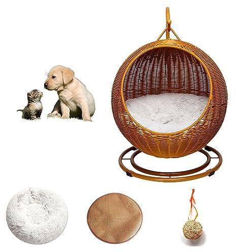 QLXYYFC Cat bed Hanging Basket Swinging pet House for Indoor Outdoor Hand Made Wicker Rattan cat Sleep Hammock with 2 Removable Cushion (Color : Brown, Size : 43cm X 66cm)