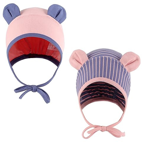 LACOFIA Baby Jungen Mädchen Mütze Kleinkind Weiche Baumwolle Beanie Hut Baby Earflap Winddicht Bär Mütze 2 Stücke Rosa+Blaue Streifen 9-24 Monate M
