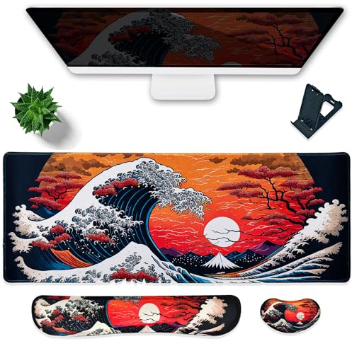 Hopipad Großes Gaming-Mauspad, wasserdicht, Maus-Handgelenkauflage + Tastatur-Handgelenkauflage, rutschfeste Gummiunterseite, ergonomische Computer-Schreibtischunterlage mit Handgelenkstütze für