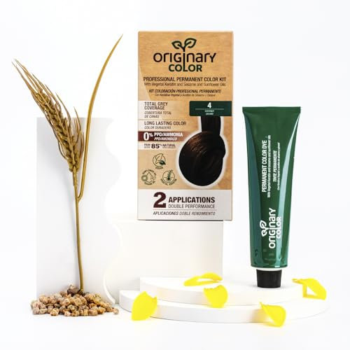 Originary Color - Kit de Coloración Profesional Permanente, Color 4 Castaño Medio 100 ml + Crema Oxidante 100 ml + Champú 30 ml | Fórmula sin amoniaco y sin PPD.