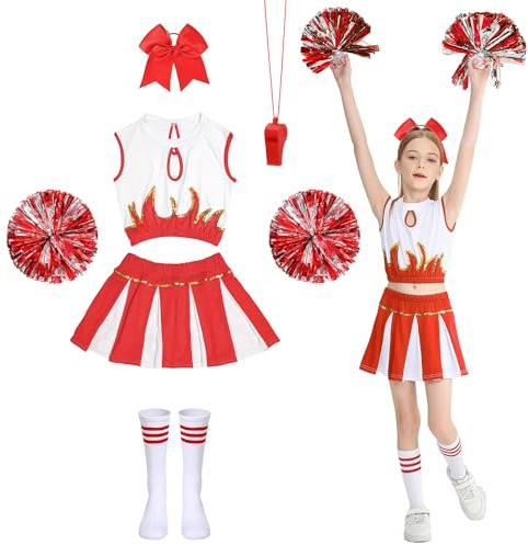LXWINNER Cheerleader Kostüm Kinder, Cheerleading Kleid Cheer Uniformen mit Pompons, Socken und Haarzubehör (Rot, 140m)