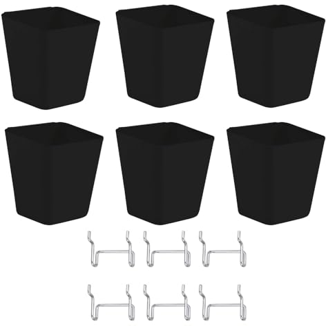 Lot de 6 gobelets en panneau perforé carré avec crochets, boîte de rangement pour garage, bureau, atelier, établi (noir)