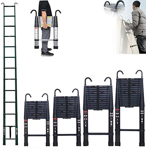 5M Telescopic Folding Ladder with hooks, 16.5FT Black Multi-Purpose Aluminium Loft Ladder Extendable Portable Telescoping Ladder Lightweight Collapsible Ladder for Outdoor Indoor Work, 330lb Capacity