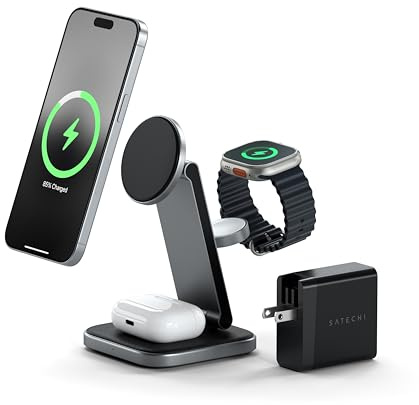 SATECHI 3-i-1 trådlös laddare, vikbar magnetisk laddningsstation, 15 W Qi2-certifierad för iPhone 16 till 12-serien, Apple Watch Series 10–7/SE/Ultra/Ultra 2 och AirPods Pro, 4 (ANC)/3/2 | Vikbar resedesign, passar iPhone 12-17, AirPods Pro, Apple Watch
