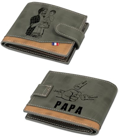 Jeweidea Personalisierte Herren Geldbörsen Portmonee Herren mit Foto Namen für Papa Geldbeutel PU-Leder mit Kreditkarte Münzhalter für Papa Vatertagsgeschenk Personalisierte Geschenke Männer (Grau-3)