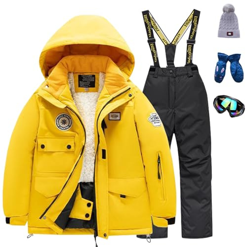 Amur Leopard Kinder Skianzug Set Winddichte wasserdichte Schneeanzug 5tlg Skijacke+Skihose+Hut+Handschuh+Skibrille für Jungen Mädchen