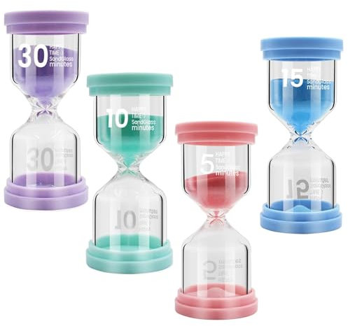 OLHAUYUAN Set of 4 Hourglass Set Colour Children's Timer, Hourglass Colourful Hourglass Set, Egg Timers, 5/10/15/30 Minutes Glass Timer for Children Brushing Teeth Classroom Games