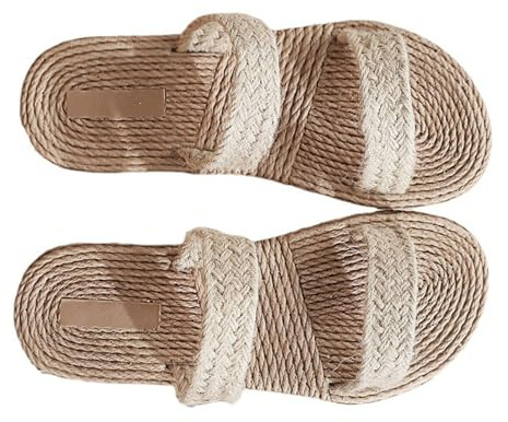TOGEVAL Sandales de Paille Femme Beige Plates et Résistantes en Tissu, Maison Bureau, Style Fashion et Confortable