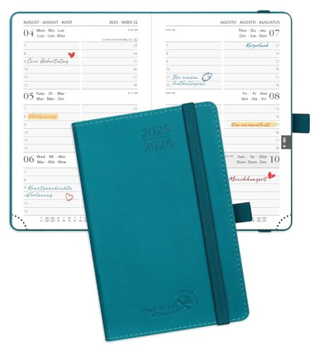 POPRUN Taschenkalender 2025 2026 Klein (Aug.2025-Dez.2026) Softcover mit PU-Leder, ca. A6 (16 x 10,5 cm), Terminplaner 2025 2026 Klein 1 Woche 2 Seite mit Stiftschlaufe - Pazifikgrün