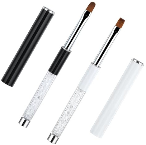 2Pcs Gel Nail Brush, Oval & Flat Professional Nail Art Brushes with Rhinestone Handle Builder Gel Brush Nail Art Tools for Painting DIY and Cleaning Polish Mistake on the Cuticles
