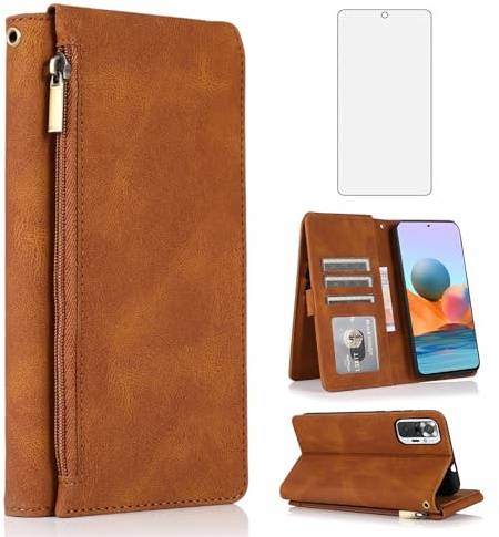 Asuwish Funda tipo cartera compatible con Xiaomi Redmi Note 10 Pro, protector de pantalla de vidrio templado, cierre de cremallera, tarjetero, soporte para celular, accesorios para Redme Note10 10Pro