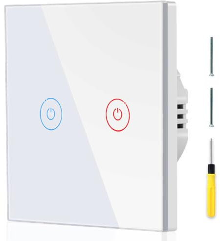 Acmerota Interruptor de luz táctil Interruptor de luz táctil normal de pared 2 Gang 1 vía AC 110V-240V 10A 500W Interruptor de luz sensible al tacto, no requiere cable neutro (blanco)