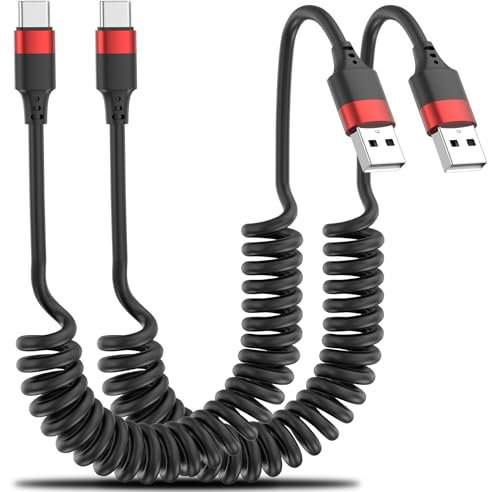 Coiled USB C Cable 2 Pack, Retractable USB Charging Cable for Car, USB to USB C Coiled Cable Compatible with iPhone 17 16 15 Samsung Galaxy S25 S24 S23 Google Pixel 10 9 8
