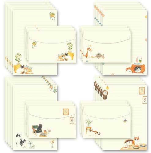 72 Pieces Cute Cat Writing Paper and Envelopes, 8.3x5.6 Inch Stationery Set, 48 Lined Sheets & 24 Envelopes, Kitty Design for Letters, Invitations, Gifts, Holidays, Party Notes