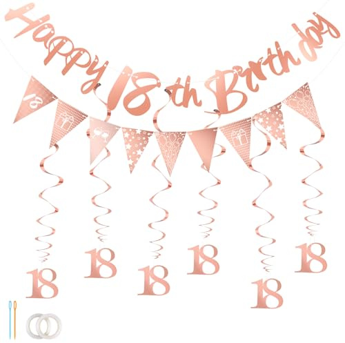 Deepton 18. Geburtstag Deko Set, Banner Luftschlangen, Happy Birthday Banner, Luftschlangen, Rosegold, Mädchen Party Dekoration
