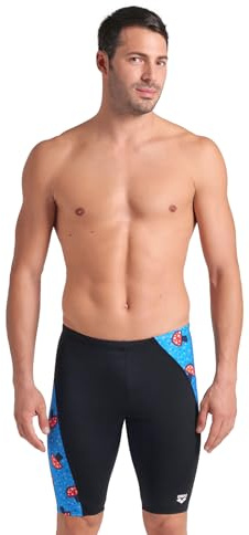 ARENA Performance Men's Mushrooms Swim Jammer MaxLife Athletic Practice Knee-Length Swimsuit Short Competitive Training Bathing Suit, Black/Blue Multi, US Size 30
