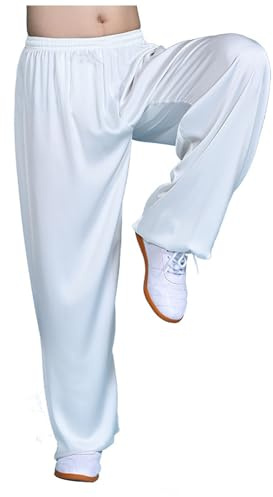 Pantaloni Tai Chi per Uomini Donne, Pantaloni di Arti Marziali Traspiranti con Tasche, Pantaloni di Kung di Seta di Latte per Chun Chun(Size:L,Color:Bianco)