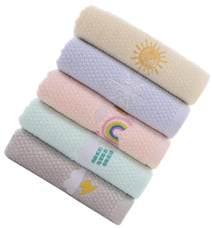 CALLARON 5pcs Cotton Boys and Girls Face Washing Towels Set, Absorbent Embroidered Hand and Face Cloths for Babies, Soft Cartoon Colorful Washcloths Suitable for Daily Facial Cleansing