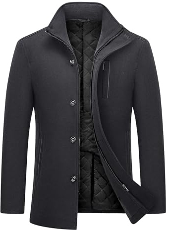 MODFUL Manteau en laine pour homme - Longueur moyenne - Chaud - Décontracté - Trench - Veste d'hiver, Noir , L